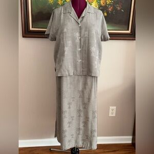 Vintage 100% silk Maxi dress w/matching button top set green palm trees XL